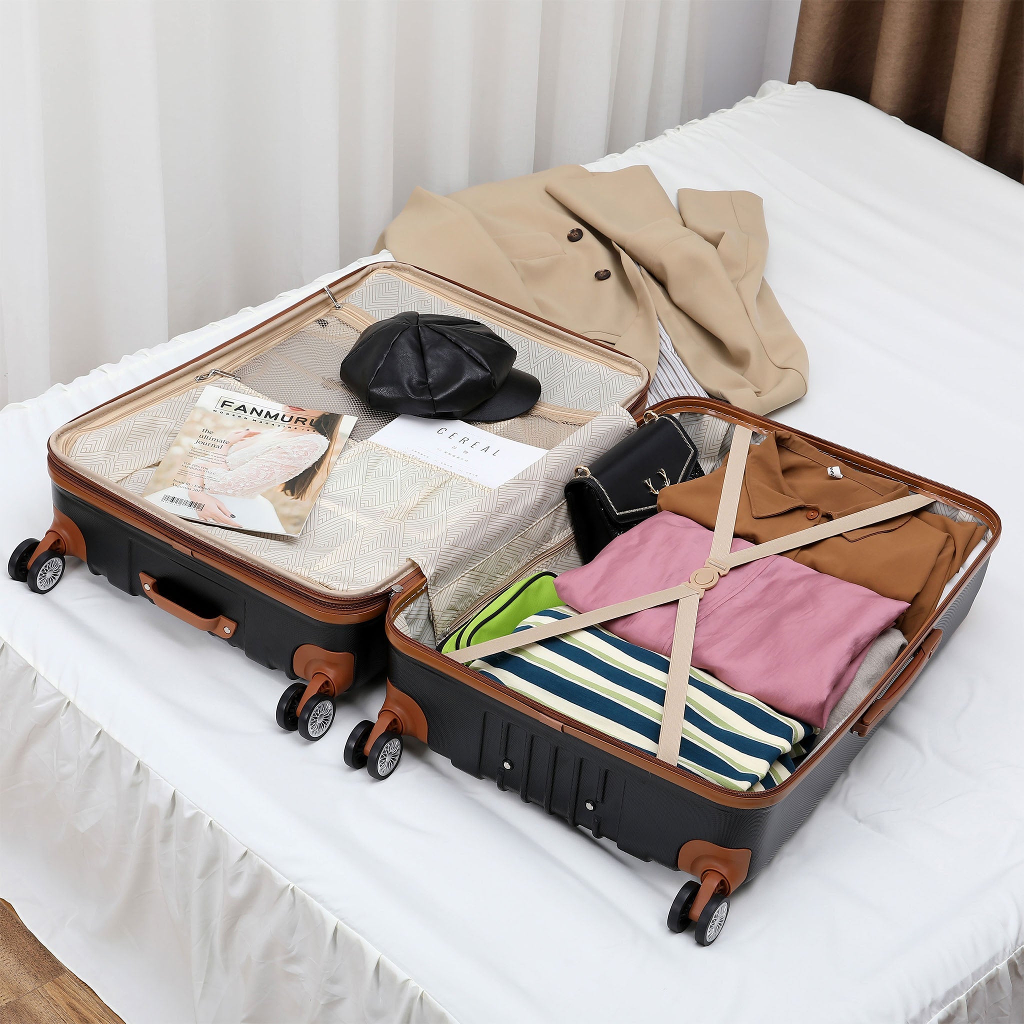 clothing packed in luggage with straps and compartments