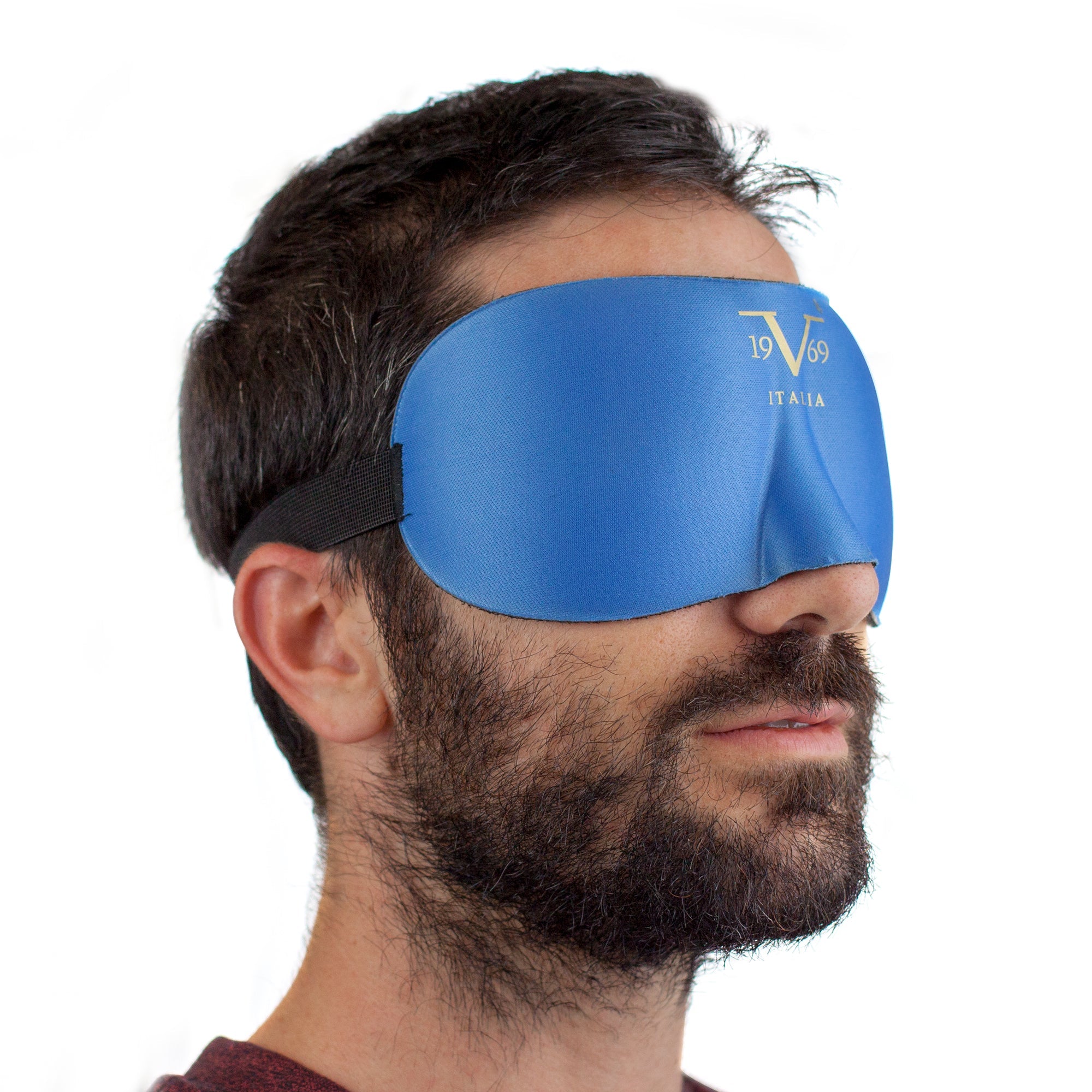 man wearing contoured sleep mask for blindfold sleep
