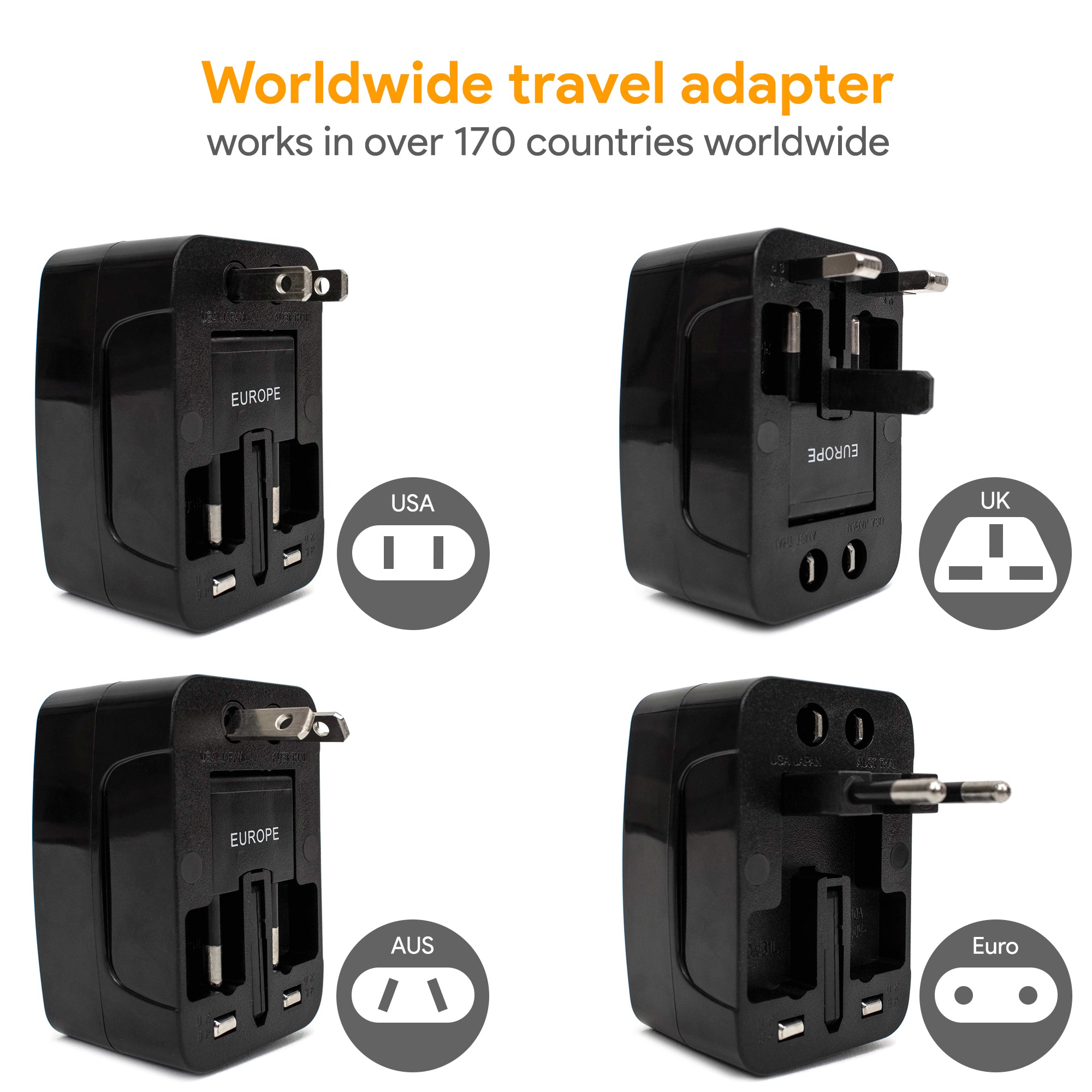 Adaptador de viaje internacional con puertos USB